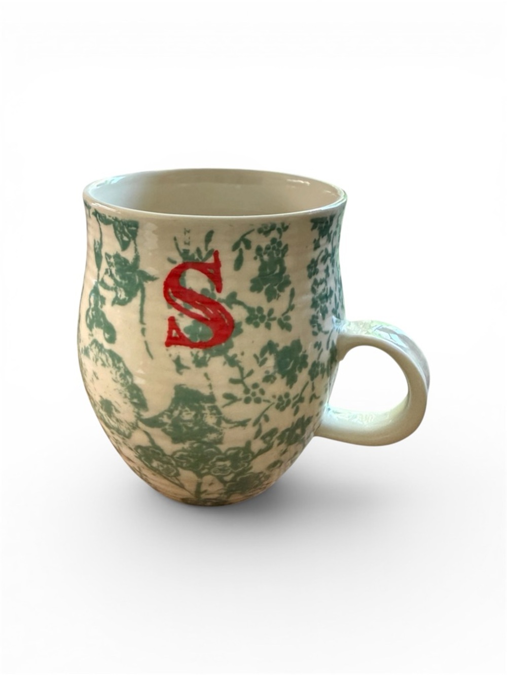 Anthropologie Monogram “S” Mug Green Floral Toile